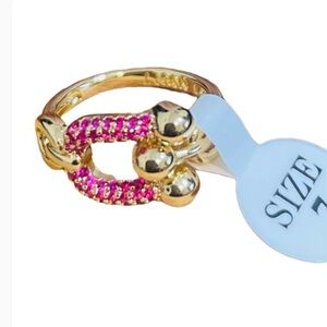 Fuchsia Horsebit Designer Inspired Gold Ring AAA CZs 18K Gold Filled Size 7 NWT